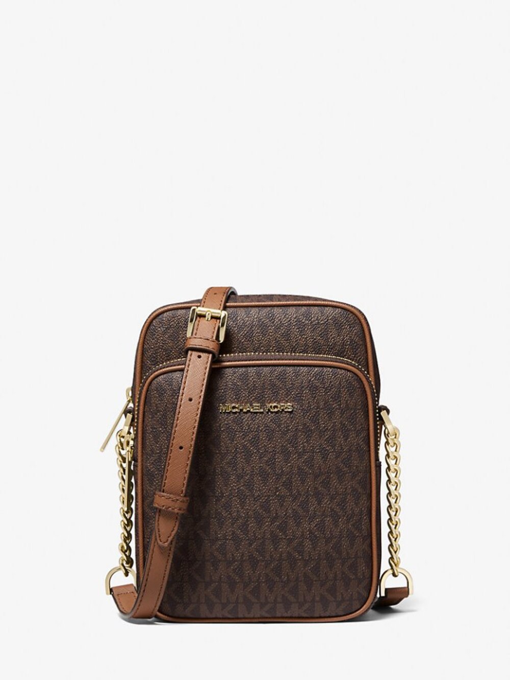 Michael Kors Brown Monogram Crossbody Bag Gold Chain Strap MK Messenger Purse